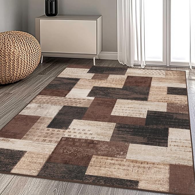 Modern Geometric Patchwork Indoor Area Rug for Living Room, Chocolate 8'x 10' Large Rug Rockwood Collection Hardwood Floors Decor for Bedroom, Brown Throw Carpet for Office Entryway Dining Room