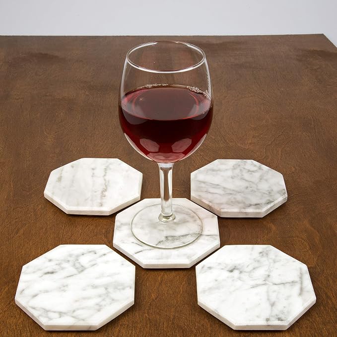 White Carrara Marble Coasters (Set of 5)- Durable, Thick Coasters w Coaster Holder for Easy Storage - Protects Any Table Type & Fits Any Mug, Drinking Glass, Barware -Great Wedding