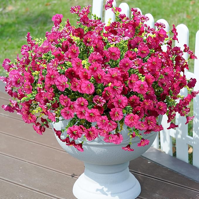 Artificial Flowers Fake Plants for Outdoors Decoration, 12 Bundles Silk Morning Glory with Eucalyptus Realistic UV Resistant Fuchsia Faux Flowers for Outside Planter Yard Patio Garden Home Indoor Urn
