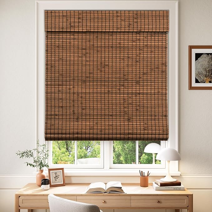 LazBlinds Cordless Blackout Bamboo Roman Shades, 25x64, Penang Teak | Room Darkening Blinds for Interior Windows, Thermal Insulated Roll Up Bamboo Blinds for Home & Patio