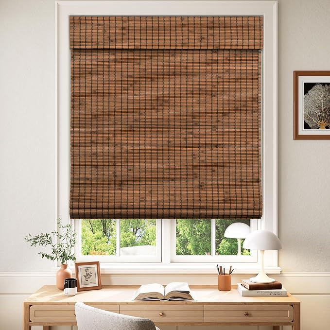 LazBlinds Cordless Blackout Bamboo Roman Shades, 21x64, Penang Teak | Room Darkening Blinds for Interior Windows, Thermal Insulated Roll Up Bamboo Blinds for Home & Patio