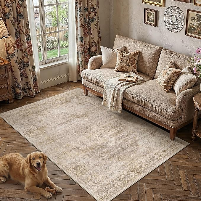 4x6 Washable Neutral Area Rug Beige Vintage Entryway Bathroom Carpet Non-Slip Soft Low Pile Oriental Indoor Throw Rug for Living Room Dining Room