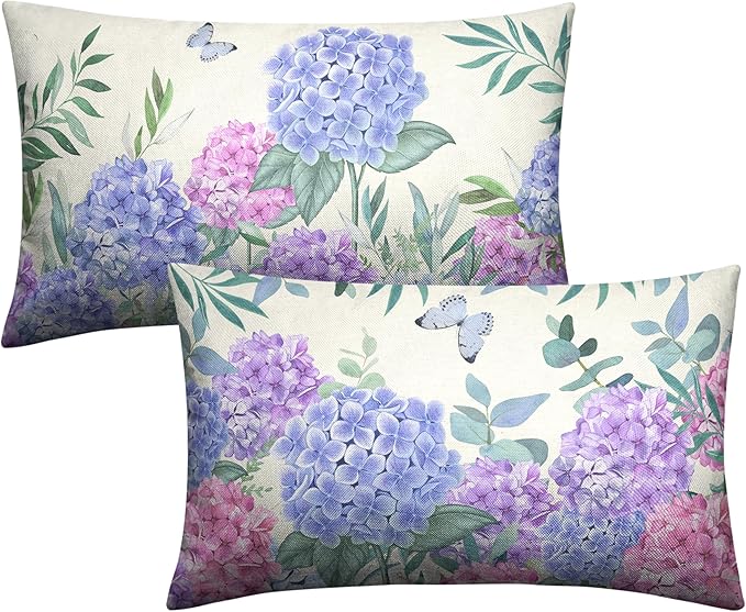 Hydrangea Lumbar Pillow Covers 12x20 Set of 2 Spring Flowers Outdoor Pillow Covers Blue Purple Hydrangea Eucalyptus Throw Pillowcase Cotton Linen Cushion Case for Sofa Outdoor Patio