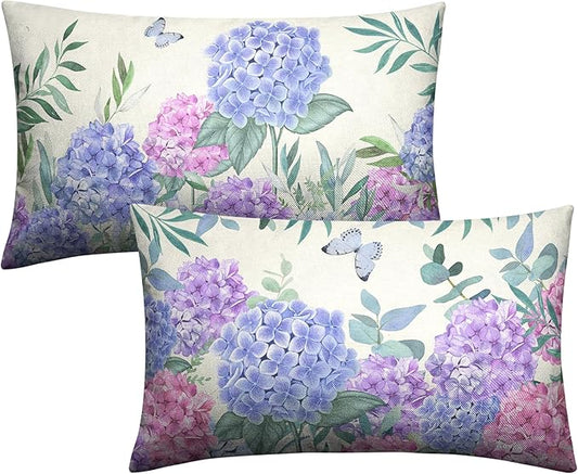 Hydrangea Lumbar Pillow Covers 12x20 Set of 2 Spring Flowers Outdoor Pillow Covers Blue Purple Hydrangea Eucalyptus Throw Pillowcase Cotton Linen Cushion Case for Sofa Outdoor Patio