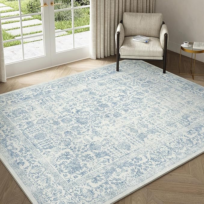 PureCozy Blue Area Rug 3x4 Office Entryway Rug Machine Washable Kitchen Vintage Distressed Non Slip Carpet Indoor Retro Floral Accent Throw Door Mat for Bathroom Bedroom Dining Living Room