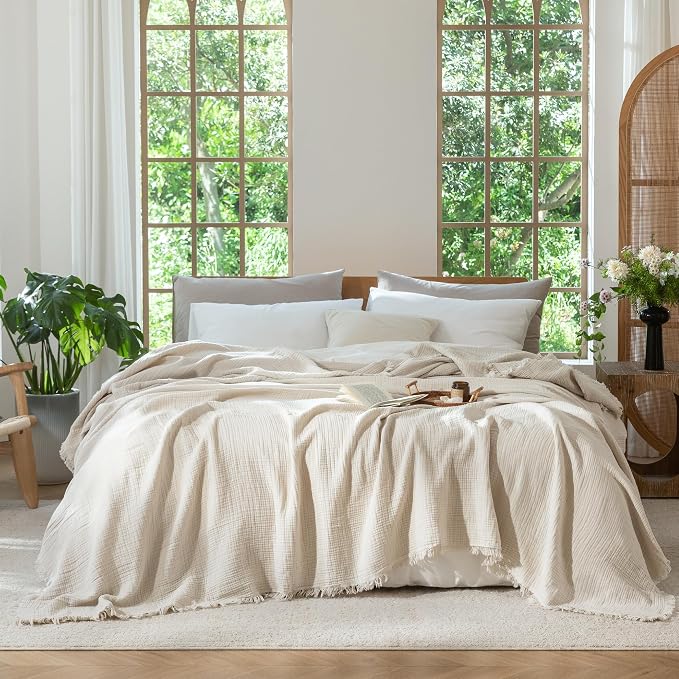 MooMee Muslin Blanket - 100% Cotton 4-Layer Gauze Throw Blanket with All-Around Fringe, Soft Breathable Lightweight Cooling Summer Blankets for Bed Couch (Beige,Oversize Queen 98" x 98")