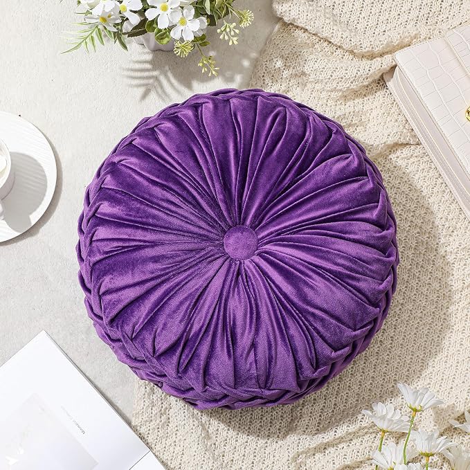 Drydiet 1 Pcs Round Throw Velvet Pillows Decorative Pleated Throw Pillows Diameter Accent Pumpkin Boho Chair Cushion for Couch Sofa Home Decoration (Purple,15'')