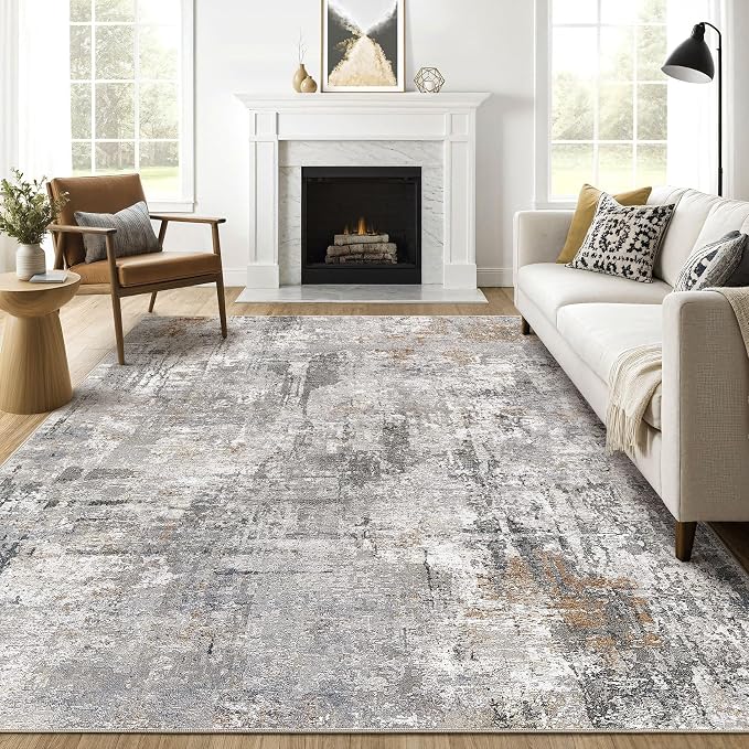 LOONGRUG 8x10 Area Rugs Living Room: Machine Washable Large Abstract Modern Soft Rug Stain Resistant Indoor Floor Non Slip Accent Carpet for Bedroom Nursery Playroom Office Dining Room Dorm- Gray Rust