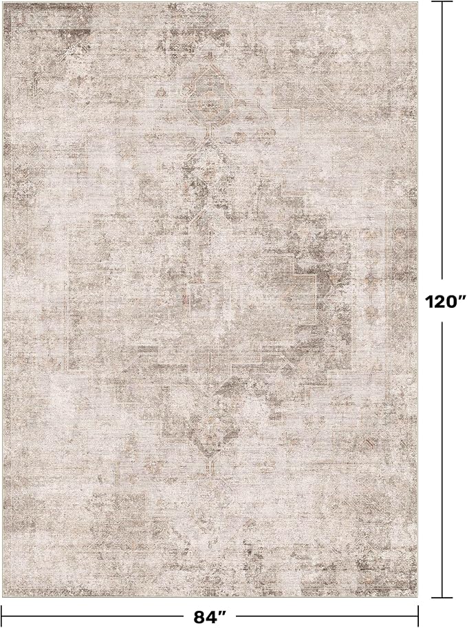 Hazo Haus Farmhouse Area Rugs for Living Room - 7x10 Washable Modern Abstract Rug for Bedroom, Dining Room Under Table, Home Office, Soft Washable & Stain Resistance (Beige & Brown & Peach)