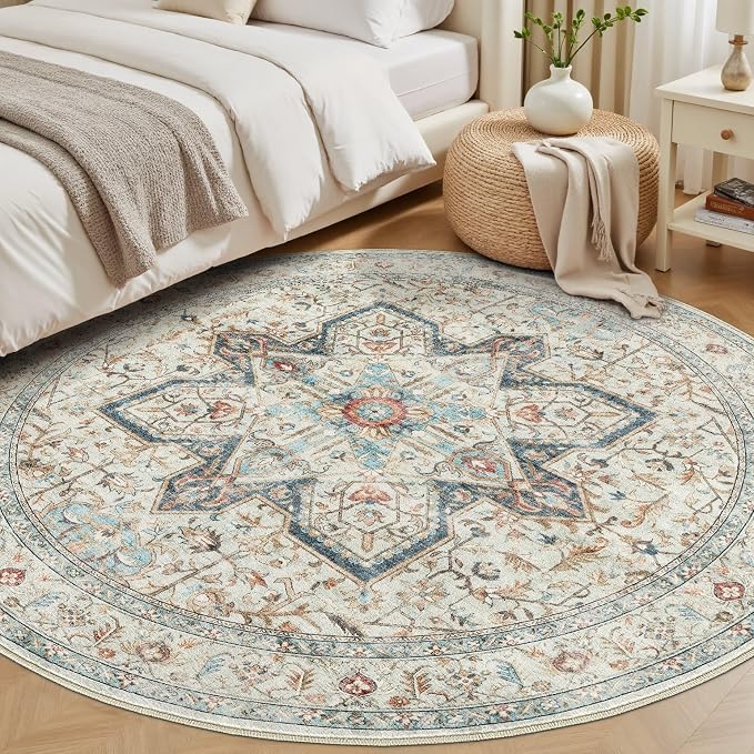 Tortania 12' Round Area Rug Living Room Rugs - Washable Boho Rug Vintage Oriental Distressed Farmhouse Large Thin Indoor Carpet for Bedroom Under Dining Table Home Office - Aqua Multi