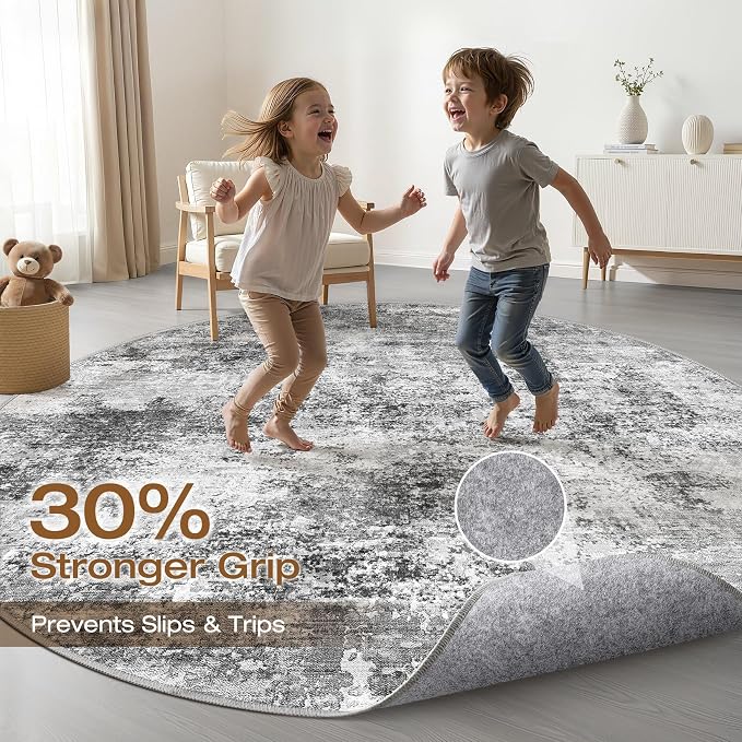 10ft Round Rug Living Room: 10x10 Washable Large Neutral Circle Area Rug Abstract Soft Modern Stain Resistant Indoor Floor Non-Slip Carpet for Bedroom Nursery Kids Office Playroom- Black Gray