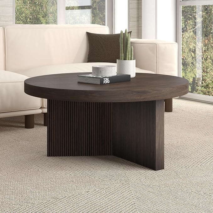 Henn&Hart 32" Fluted Round Low-Profile Coffee Table with Ribbed Pedestal Base Living Room, Family Room, Office, or Apartment, Rich Brown