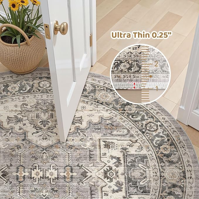 Area Rug for Living Room - 8x8 Soft Machine Washable Oriental Vintage Floral Distressed Large Indoor Floor Carpet for Bedroom Under Dining Table Home Office Decor - Brown