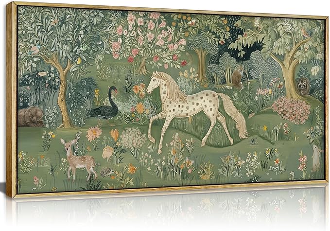 Large Wood Framed Woodland Animal Wall art,Magic Horse Bear Deer Poster Green Fantasy Forest Botanical Pictures Decor,Colorful Fairy Tale World Picture Poster,for Kids Room Bedroom Living Room