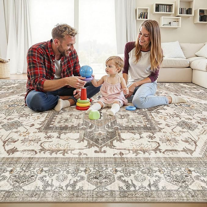 Area Rug for Living Room - 5x7 Washable Oriental Vintage Floral Large Soft Carpet - Fade Stain Resistant Non Slip Rugs for Bedroom Dining Room Nursery Dorm Office Home Decor - Beige Brown