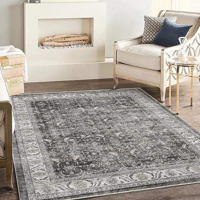 CHAMPLANT Washable Area Rug 4'x6' Vintage Traditional Floor Cover Foldable Thin Rugs Retro Kitchen Indoor Distressed Non Slip Carpet Floral Print Mat Bedroom Living Room