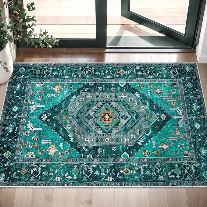SERISSA Boho Rugs for Entryway, 2x3 Teal Entryway Rug Non-Slip Washable Small Area Rug, Ultra Soft Oriental Vintage Low-Pile Indoor Door Mat Floor Carpet for Entrance Bedroom Kitchen Bathroom