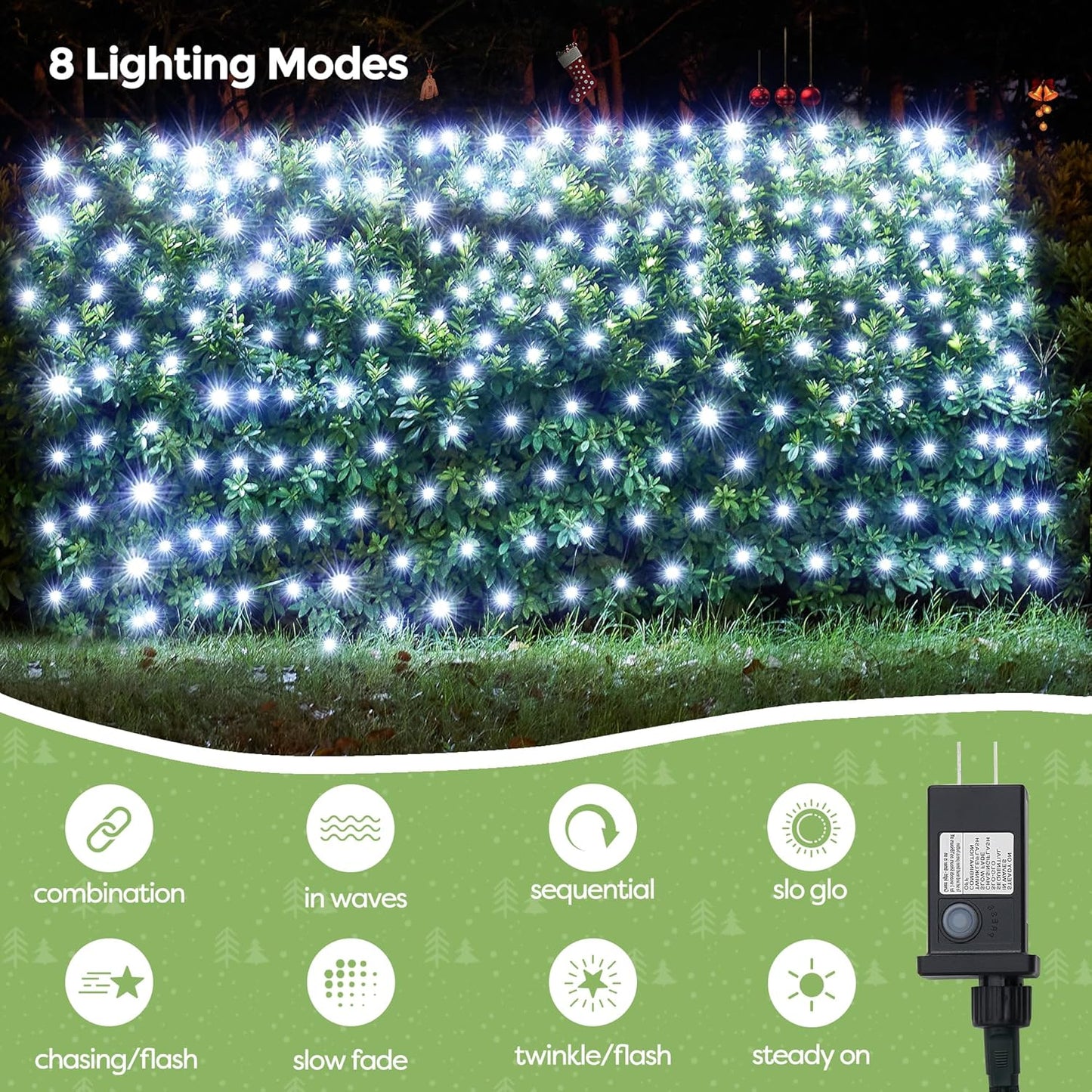 WBao Christmas Net Lights 200LED F8 Big Bulbs, 8.4ft x 5.2ft Christmas Lights with 8 Modes, Timer, End to End Connectable, Waterproof for Lawn, Bushes Outdoor Christmas Decorations, Cool White
