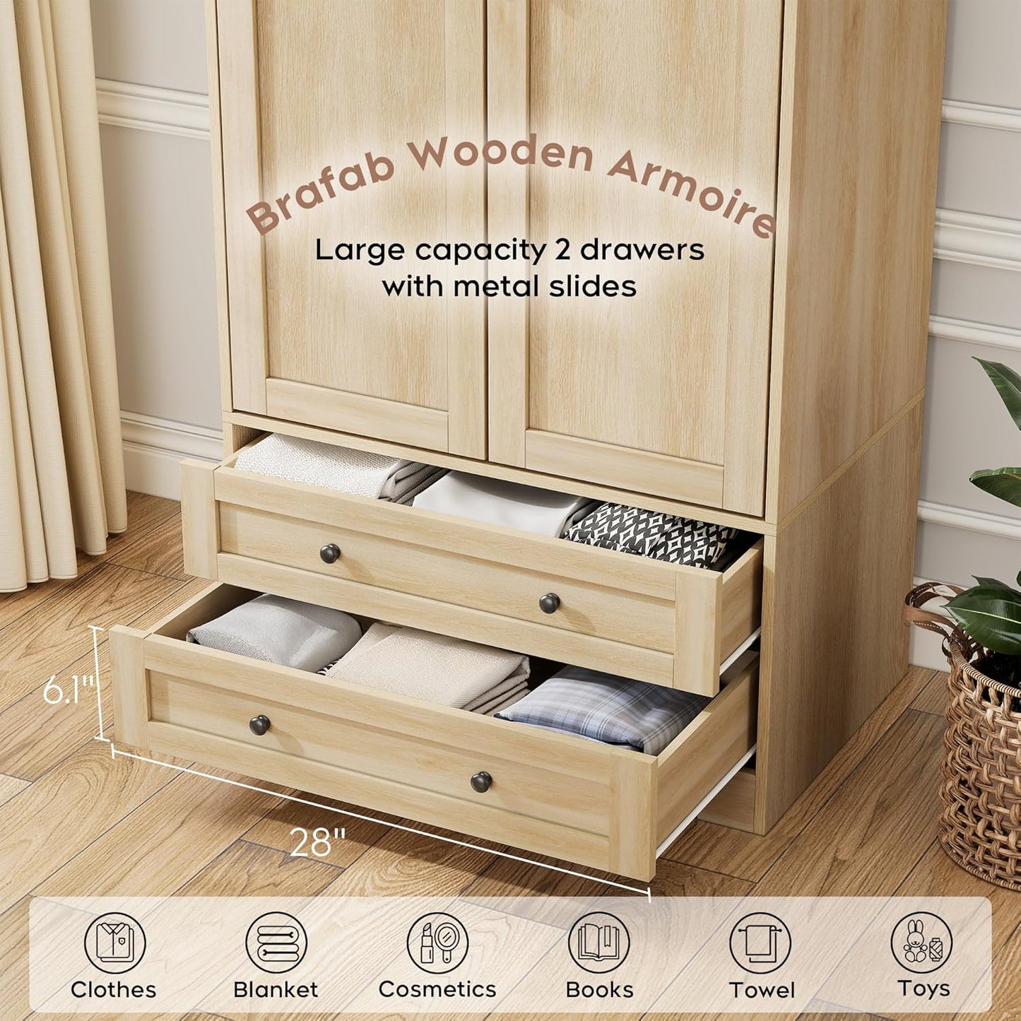 Brafab Wooden Armoire Wardrobe Closet with 2 Modern Doors, 71" Tall Freestanding Closet Wardrobe Cabinet with Drawers and Hanging Rail, Storage Cabinet with Shelve for Bedroom (Natural, 2 Doors)