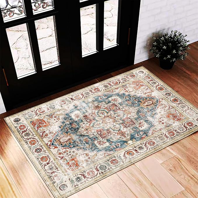 CHAMPLANT Beige Blue Area Rug 2'x3' Washable Rug Door Mat Vintage Distressed Doormat Indoor Entrance Traditional Thin Floral Print Non Slip Carpet for Kitchen Bathroom Bedroom Living Room
