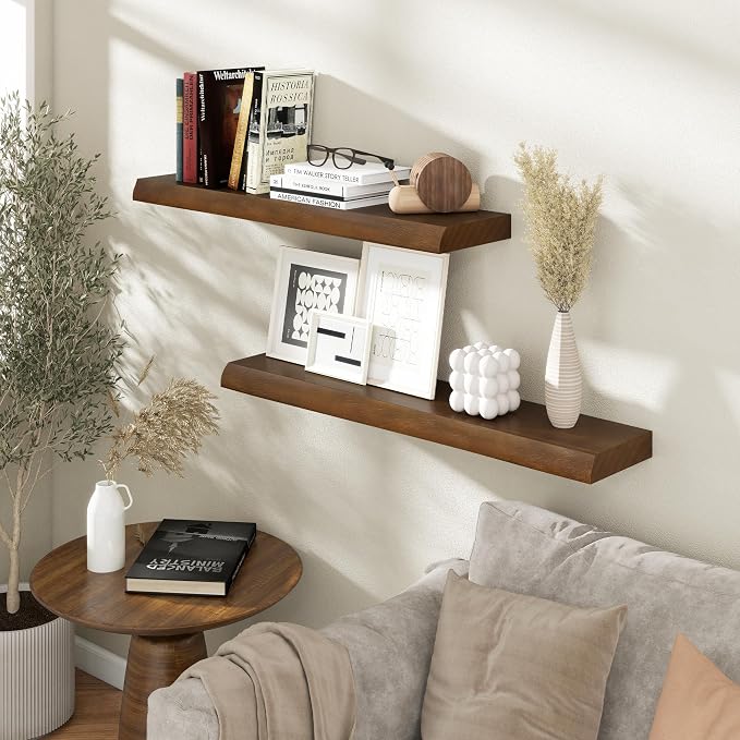RICHFOCUS Live Edge Wood Floating Shelves for Wall 24" Natural Solid Wood Wall Mounted Shelf|8 Inch Deep Wooden Floating Shelves with Invisible Bracket for Bathroom Kitchen Room|2Pcs, Walnut