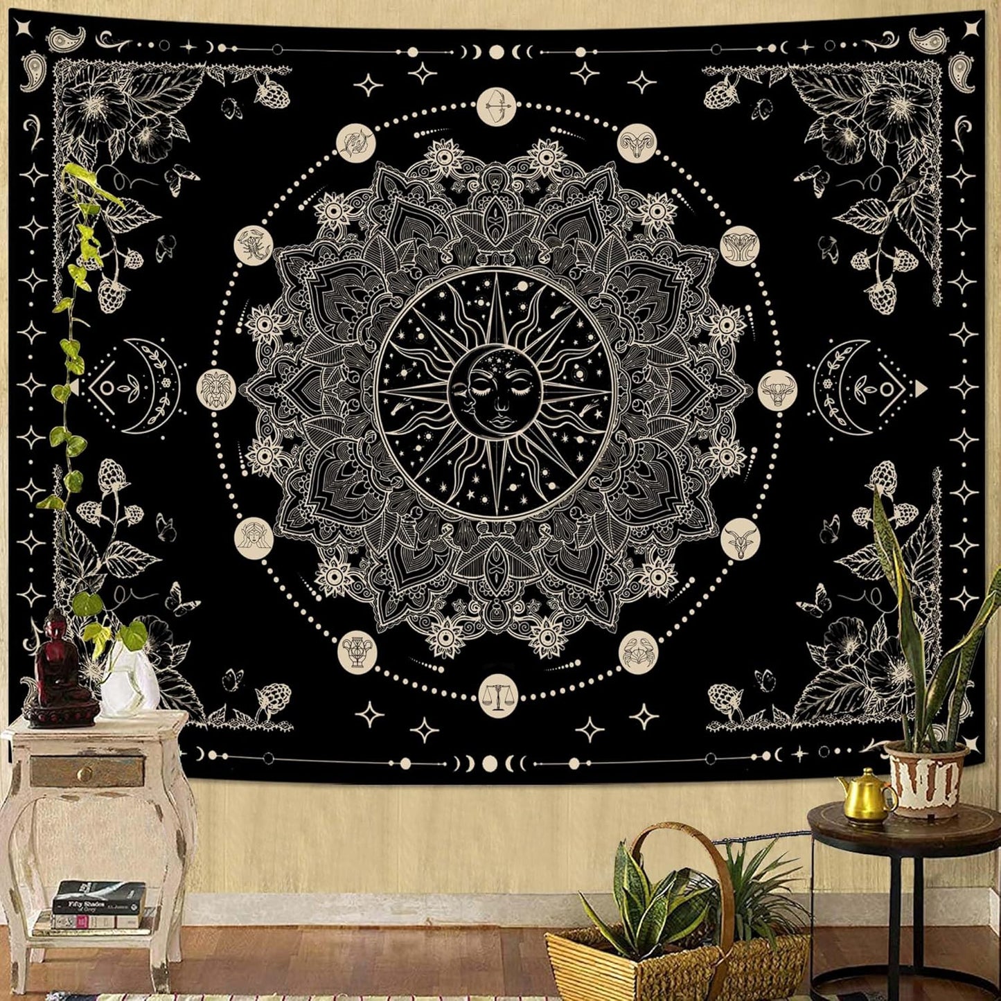 Lunerfex Sun and Moon Mandala Tapestry Boho Tapestry for Bedroom Black and White Tapestries Wall Hanging Living Room Wall Art and Home Decor 44x60