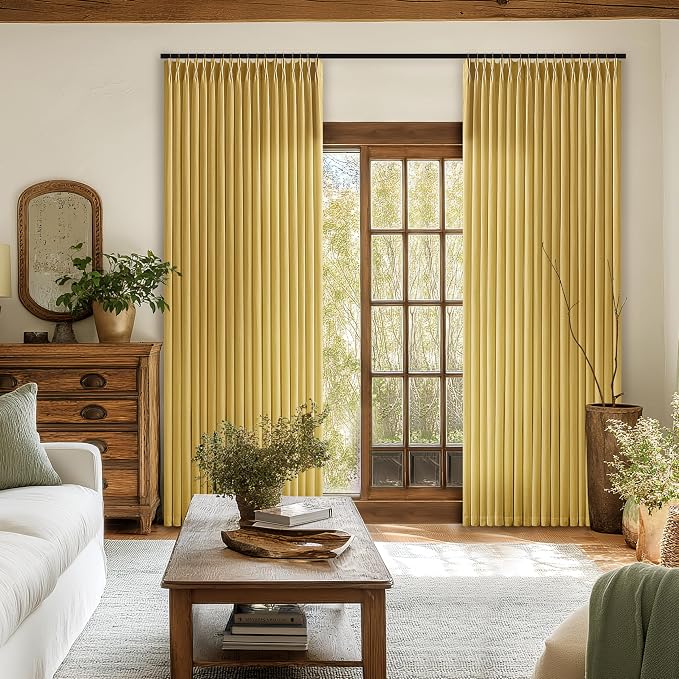 Extra Long Mustard Yellow Linen Curtains 120 Inches Long Retro Farmhouse Rustic Curtain Light Filtering Semi Sheer Back Tab Pinch Pleat Curtain for Tall Ceiling Living Room 2 Panels Harvest Gold