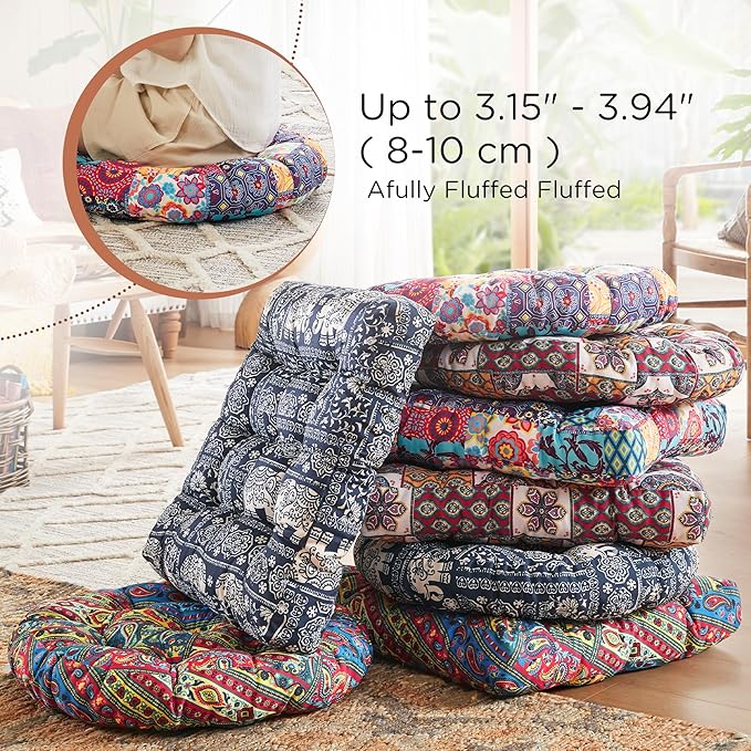 Codi Meditation Floor Pillow, Boho Pillows Seating for Adults and Teens, Large Round Cushion for Yoga Living Room Tatami Sitting, Memory Foam Added, 22x22 Inch, Multi Patchwork