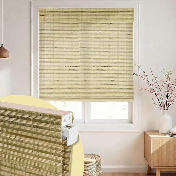 No Drill No Tools Bamboo Roman Shades, Cordless Light Filtering Window Blinds with Valance, Natural Woven Wood Shades for Living Room Dining Room,Stripped Raw Bamboo（Sheer-View）, 36"W x 64"H