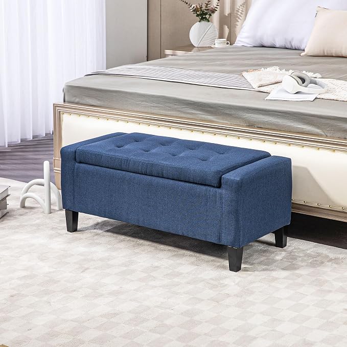 HOMCOM 36" Ottoman with Storage, Storage Ottoman Bench with Lift Top and Rubberwood Legs, Linen Upholstered Entryway Seat with for Living Room, Bedroom, Holds up to 330 lb, Dark Blue