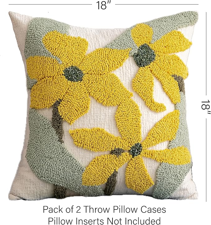 Yellow Floral Embroidered Throw Pillow Covers 18" x 18" Set of 2, Farmhouse Flowers Green Leaves Tufted Patterned Cushion Cases for Couch Bed Living Room Decor