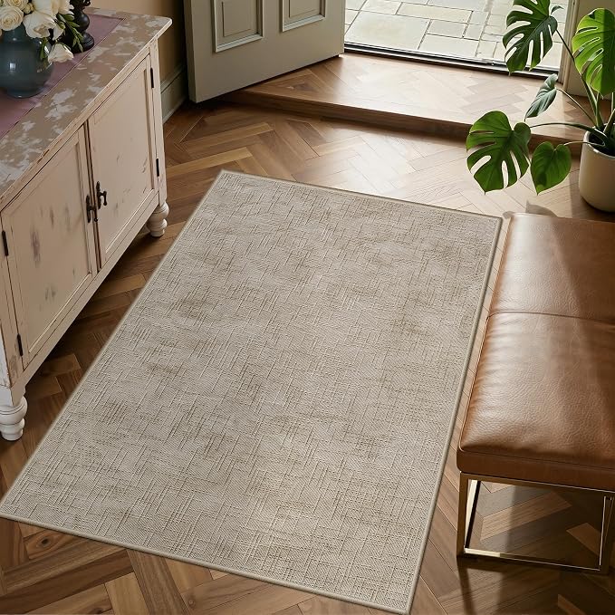 Valenrug 3x5 Rug - Stain Resistant 3x5 Entryway Rugs, Non Slip High-Low Pile Textured Area Rugs for Living, Bedroom,Entryway, Folable Machine Washable Rug (3'x5', Beige)