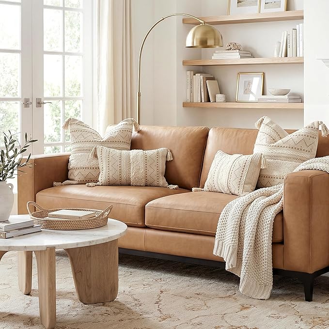 BlissBlush 12x20 Lumbar Pillow Cover, Cream Neutral Beige Rectangular Decorative Cushion Cover, Boho Accent Pillowcase with Tufted Details and Tassels for Couch Sofa Living Room (Cover Only)