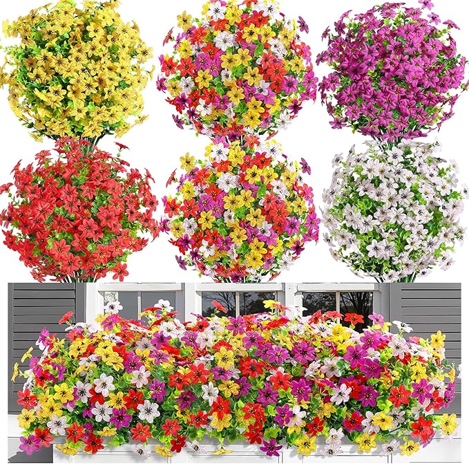 SHareconn 24 Bundles Artificial Flowers for Outdoors Spring Decoration, Fake Silk Realistic Faux Plants UV Resistant for Outside Planter Porch Patio Indoor Decor, RedPurpleYellowWhite