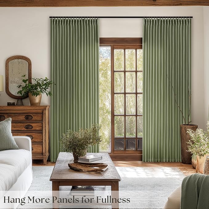 Olive Green Pinch Pleated Semi Sheer Linen Curtains 102 Inches long for Living Room 2 Panels Set Green Pinch Pleat Drapes Back Tab Farmhouse Boho Ceiling to Floor 102 Inch Curtains for Bedroom Window