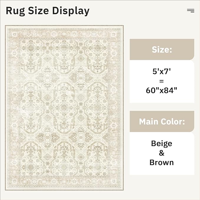 Soalmost Area Rugs 5x7, Washable Rug, Stain Resistant 5x7 Area Rugs for Living Room Bedroom Dining Room, Vintage Gray Farmhouse Rug Beige