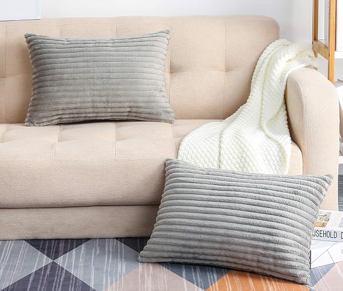 TangDepot Velvet Big Corduroy Pillow Covers 12x18 Grey 2-Pack | Soft wide-stripe corduroy pillow cover, hidden zipper, machine washable, easy refresh, for bedroom living room indoor outdoor
