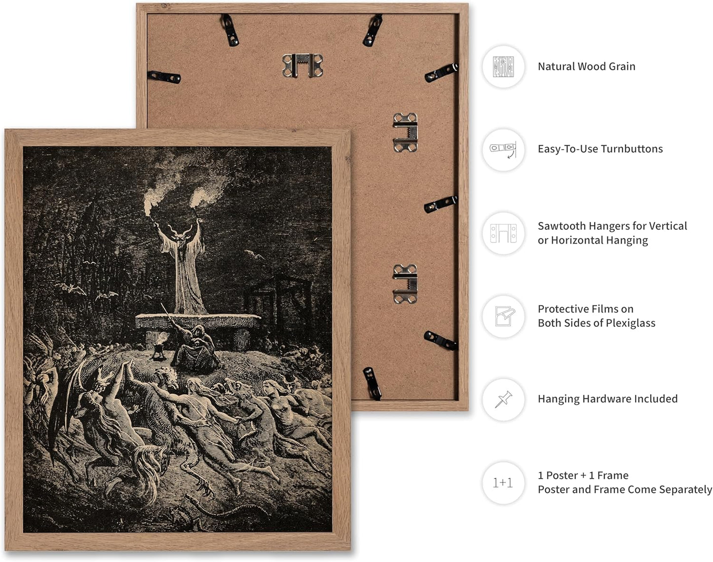 Poster Master Vintage Gustave Dore Poster - Retro Illustration Print - Gift for Gothic, Horror Fan - Dance of Sabbath, Witch, Magic, Spell - Wall Decor for Bedroom, Dorm, 11x14 Beige Framed