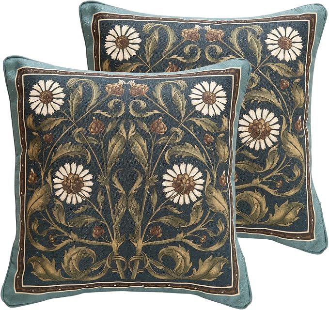 bilin gaier Green Throw Pillow Covers Set of 2,French Farmhouse with White Birds and Flowers Pattern Linen Pillowcases,Decorative Square Pillows Cushion Covers for Couch Sofa Bed Chair,18x18 Inches