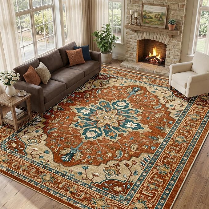 RELEANY Area Rugs 9'x12' Washable Non-Slip, Floral Vintage Distress Print Pattern Medallion Carpet for Living Room Bedroom Dining Room, Red Orange Blue Brown