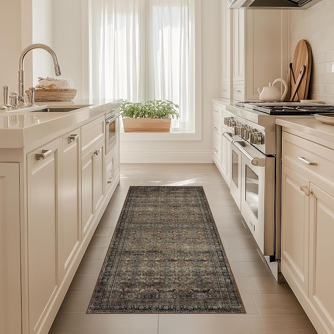 Ruaruarug Washable Area Rug Runner 2×6 for Kitchen Living Room Bedroom, Ultra Soft Non Slip Stain & Fade Resistant, Pet & Kids Friendly, Suitable for High Traffic Areas Easy to Clean, Vintage Brown