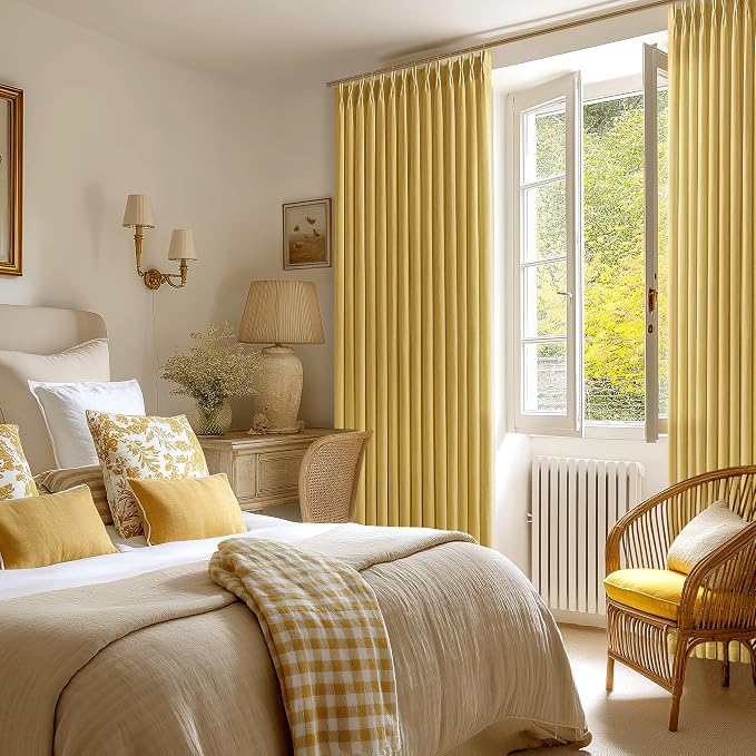 72 Inch Pinch Pleated Linen Curtains 2 Panels for Living Room Bedroom Boho Farmhouse Mustard Ochre Yellow Semi Sheer Back Tab Pinch Pleat Hooks Rings Spring Gold Yellow Window Curtain for Autumn Fall