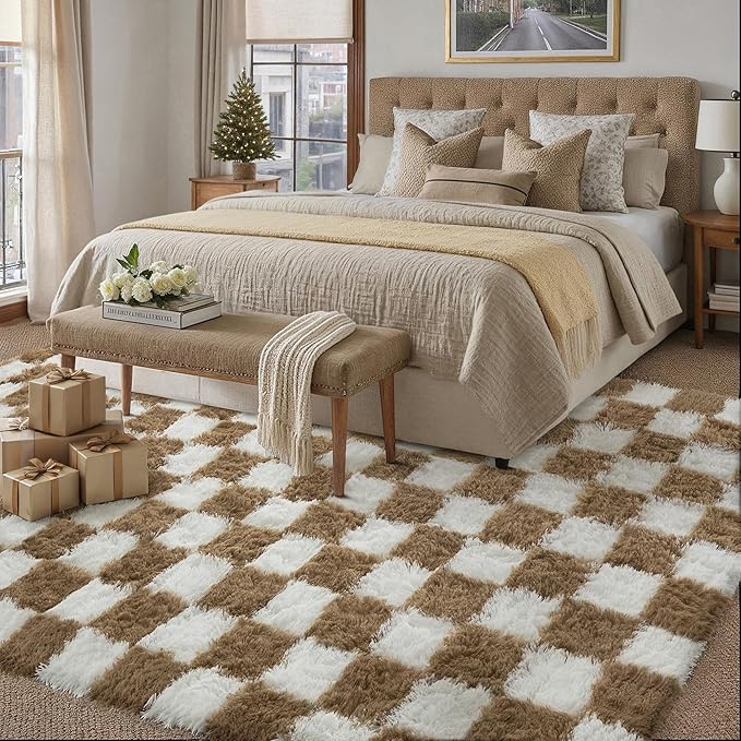 PureCozy 6x9 Area Rugs for Living Room Brown Soft Shag Checkered Large Rug Modern Washable Indoor Office Fuzzy Carpet Non-Slip Fluffy Rugs for Bedroom Nursery Dorm Playroom Home Aesthetic Decor