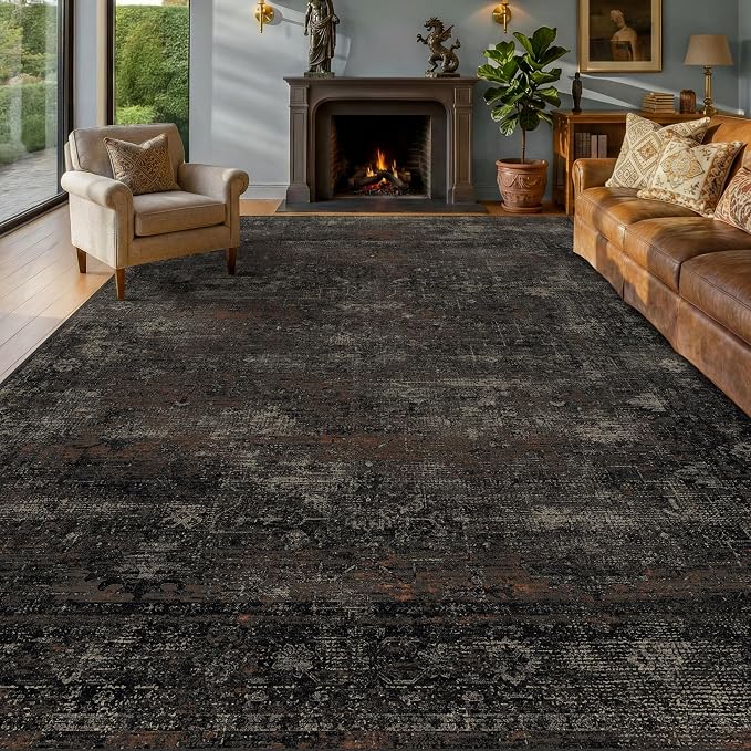 TALANOVA Black 7x9 Washable Area Rug for Living Room, Non-Slip Low Pile Charcoal Volcanic Textured Rug for Bedroom, Dining Room & Home Office, Dark Stain Resistant Modern Farmhouse Design