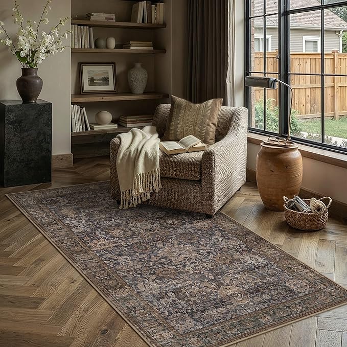 HUGEAR Area Rugs 4x6 Blue Brown Washable Rug for Living Room Bedroom Neutral Vintage Rug Carpet Distressed Soft Durable Non Slip No Shedding for Indoor Dining Nursery Farmhouse
