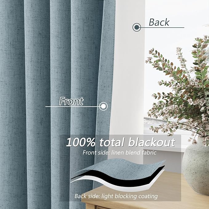 Guken Blue 100% Blackout Linen Curtains 80 Inch Length 2 Panels Set for Living Room Bedroom Back Tab Thermal Insulated Black Out Drapes Room Darkening Window Curtains 80 Inches Long Dusty Blue