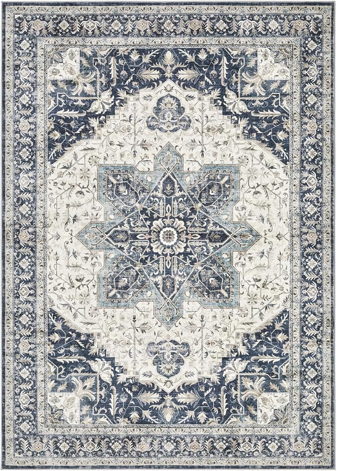 Tortania Area Rug Living Room Rugs - 8x10 Washable Boho Rug Vintage Oriental Distressed Farmhouse Large Thin Indoor Carpet for Living Room Bedroom Under Dining Table Home Office - Indigo