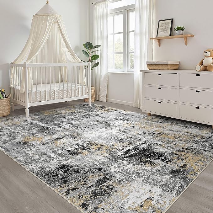 6x8 Area Rug Living Room: Washable Large Abstract Neutral Modern Soft Rug Stain Resistant Indoor Floor Non-Slip Accent Carpet for Bedroom Nursery Playroom Dining Room Office Dorm Home- Black Gold