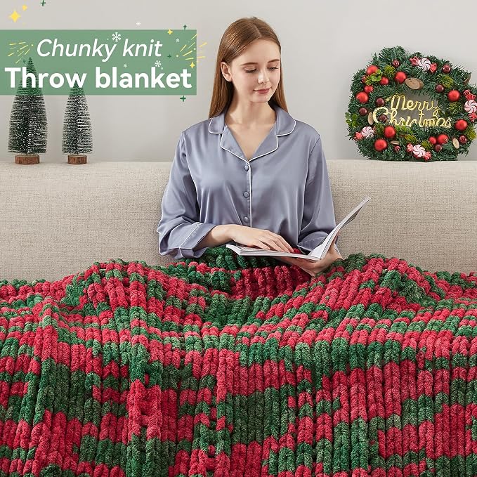 Negwoo Chunky Knit Throw Blanket, 30''*40'' Knitted Throw Chenille Yarn for Bed Couch, Handmade Stripe Crochet Big Thick Blanket, Machine Washable Cute Comfy Blanket for Home Decor