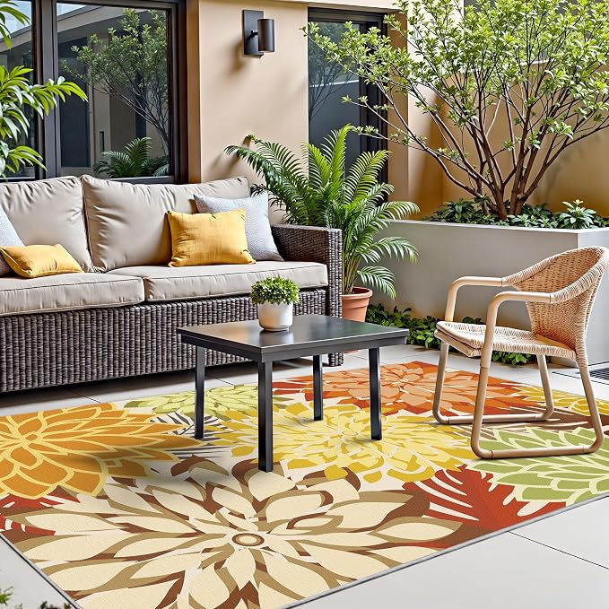 Colorful 9x12 Outdoor Area Rug Washable Multicolored Patio Rug Tropical Botanical Floral Chenille Waterproof Outdoor Carpet Non-Slip for Deck, Backyard, Porch, Orange